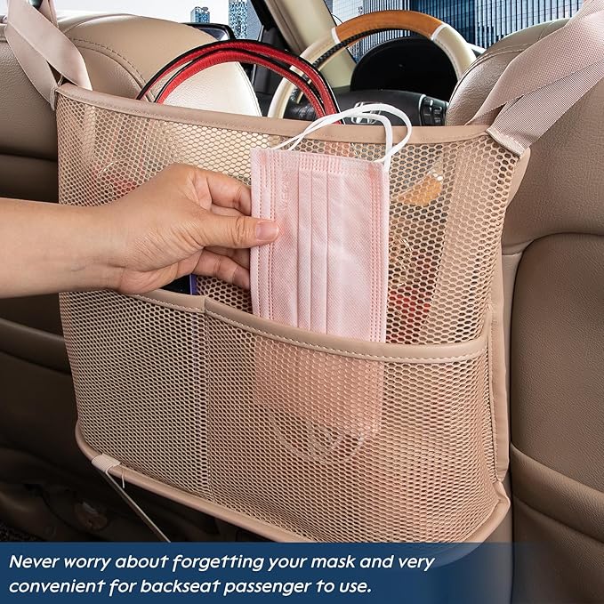 eing Car Net Pocket Handbag Holder Between Seats Back Storage Organizer 3 - Layers Purse Holder for Console Front Seat Storage Barrier, Beige