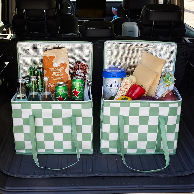 Checkered Insulated Grocery Bags 2 Pack, Checkerboard Cooler Shopping Bags for Groceries, Insulated Bags for Food Delivery