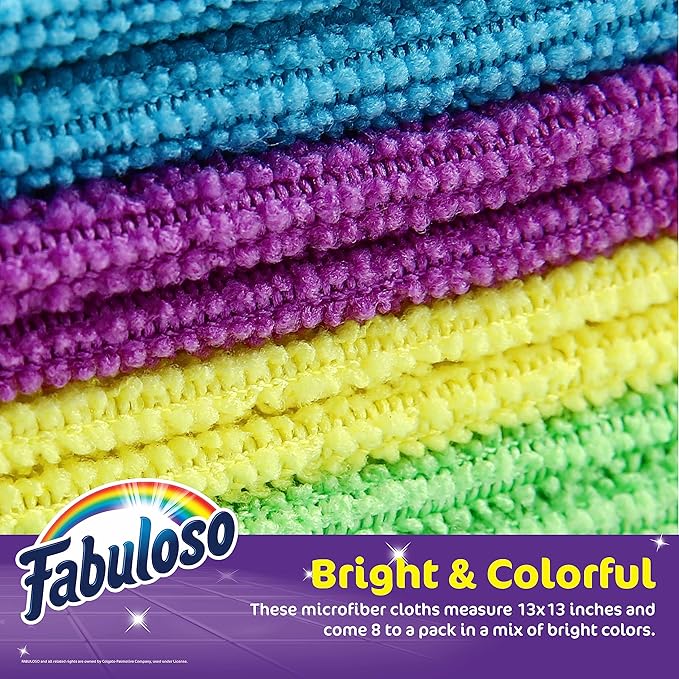 Fabuloso Microfiber Cleaning Cloths for_Home & Car,Lint-Free Scratch-Free Rags for_Glass,Kitchen,Wood,Reusable Machine Washable,Absorbent for Dusting,Wiping, Rainbow, 13 x 13 in, 8 Count (Pack of 5)