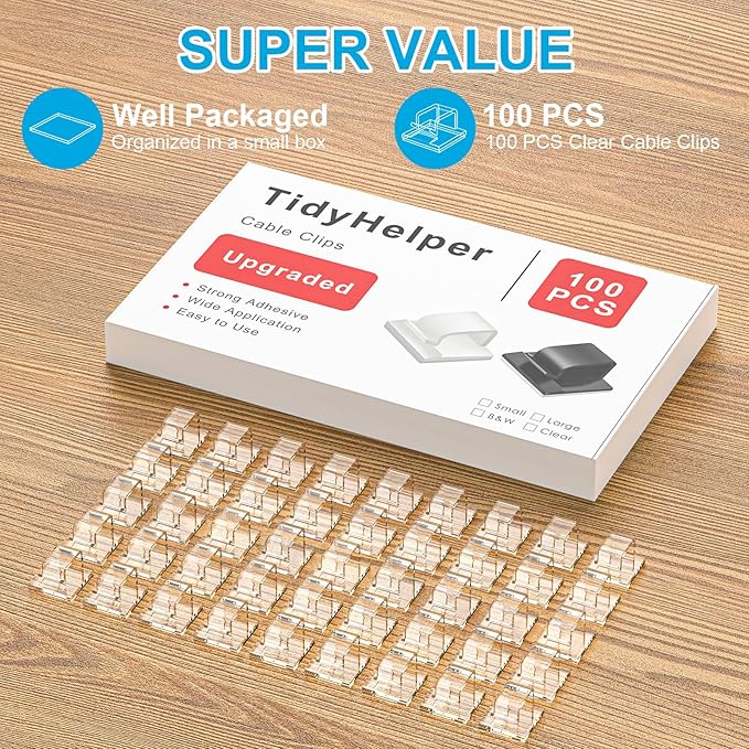 100 PCS Cable Clips, Upgraded Adhesive Cord Clips for Wires on Wall, Strong Wire Holders Cord Organizer for Cable Management, Christmas Lights, USB, Phone Charger, Cat 6, Car Dash Cam (Small, Clear)