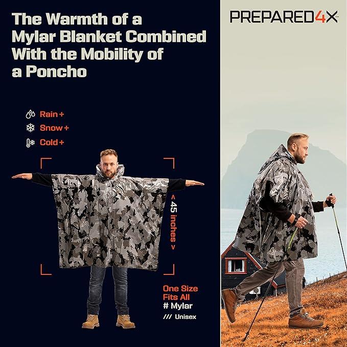 PREPARED4X Emergency Mylar Poncho – Survival Rain Poncho with Hood – Lightweight, Compact, Reusable Emergency Blanket Poncho for Hiking, Camping, Thermal Gear, Car Kit, Outdoors