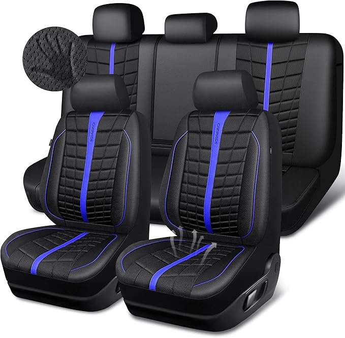 CAR PASS 3D Foam Mesh Black Blue Leather Car Seat Covers Full Set,Breathable Premium Leather Seat Covers for Car,Anti Slip Universal Fit for Trucks Cars Sedans Vans SUVs,Airbag Compatible,Black Blue