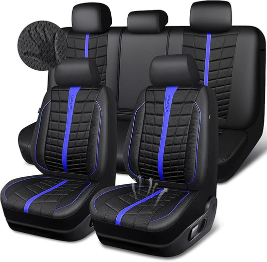 CAR PASS 3D Foam Mesh Black Blue Leather Car Seat Covers Full Set,Breathable Premium Leather Seat Covers for Car,Anti Slip Universal Fit for Trucks Cars Sedans Vans SUVs,Airbag Compatible,Black Blue