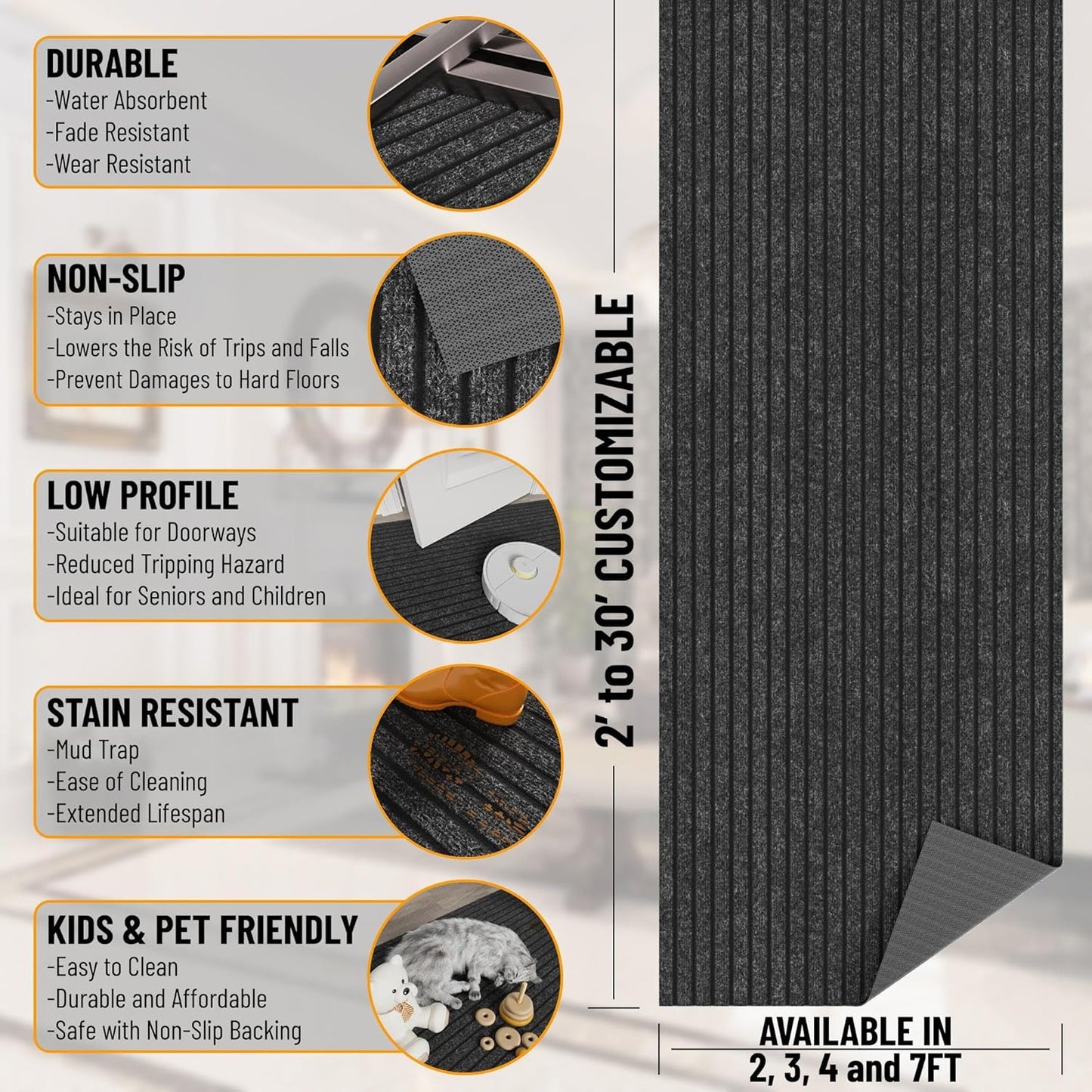 Ottomanson 2' x 29' Hallway Runner with Scraper Pile Extra Durable Non-Slip Rug Mat for Indoor & Outdoor Use - Ideal for Kitchen, Entryway, Patio & Garage - High-Traffic Carpet, Black
