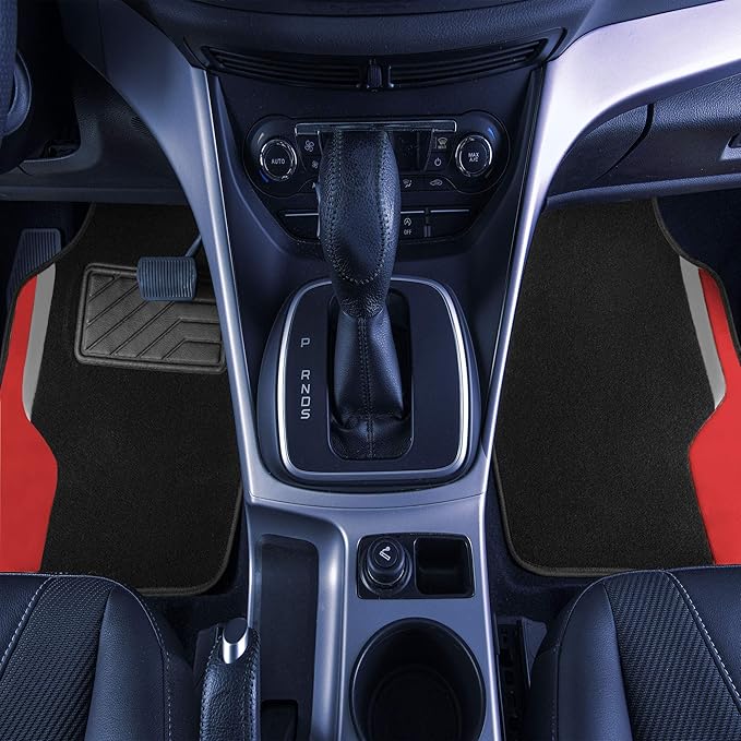 FH Group Color-Block Carpet Car Floor Mats – Non-Slip, Faux Leather Accents, Universal Fit for Sedan, SUV & Truck – Full Set Red