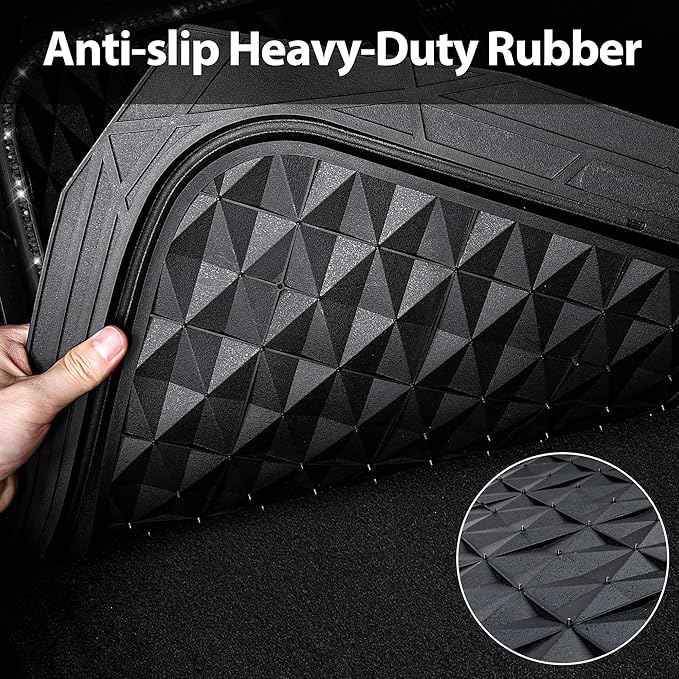CAR PASS Bling Diamond Rubber Car Mats, Heavy Duty Deep Dish All-Weather Floor Mat Full Set Anti-Slip 3D Rhombus Waterproof Trim to Fit Liner Universal Glitter Sparkly Shining Rhinestone, 3 Pcs Black
