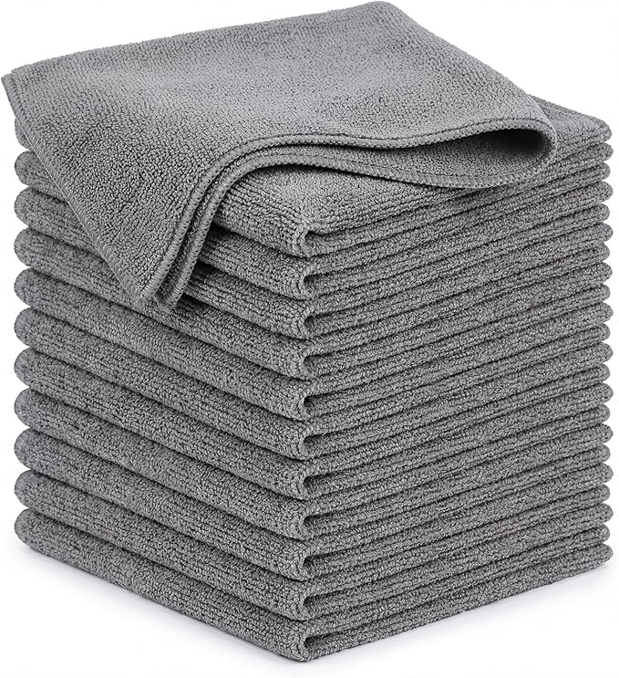 POPCHOSE Microfiber Towels 12 Pack for Cars, Super Absorbent Cleaning Cloths, Lint Free Streak Free Towels for Car Detailing, Household, Kitchen, Glass & Tools, Grey