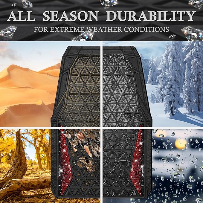 CAR PASS Bling Diamond Car Mats Rubber Floor Mats Full Set Anti-Slip 3D Rhombus Waterproof Trim to Fit Liner Universal Glitter Crystal Sparkly Shining Rhinestone Girl Women SUV Sedan Van, Black Red