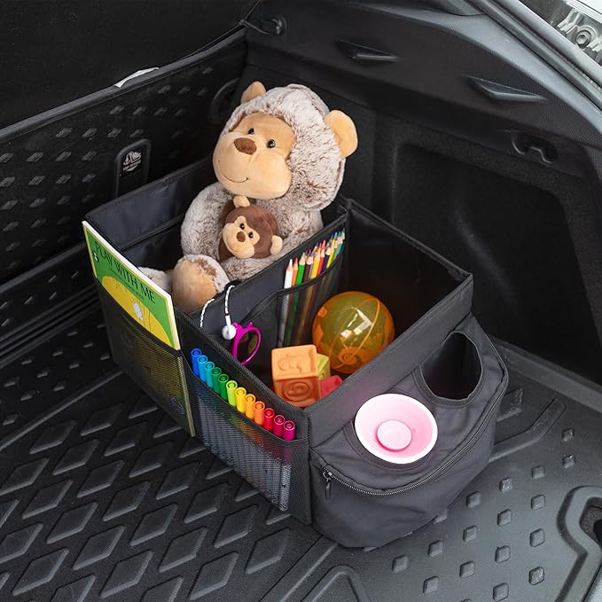 Backseat Car Organizer Back Seat or Front Car Seat Organizer - Collapsible Storage Box Caddy with 2 Cupholders and Partitions for Files, Books, Toys, Snacks, Drinks or Road Trip Essentials by Stalwart