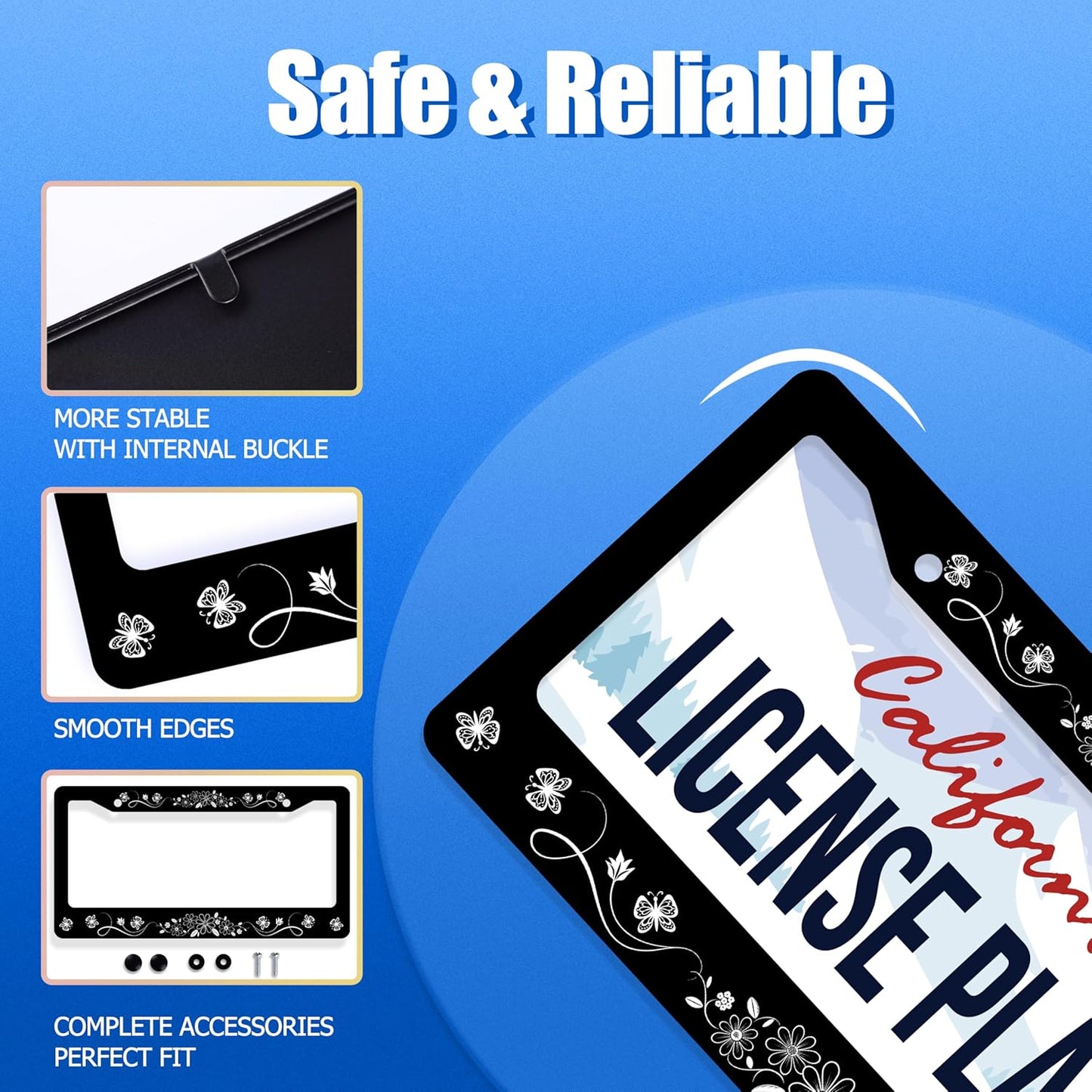 Black White Daisy Butterfly License Plate Frame Flowers License Plate Stainless Steel Funny License Plate Holder Floral Car Accessories With Screws Car Decoration 12.3"x6.3"Fits Standard Vehicles Size