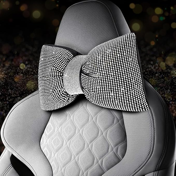 4 PCS Bling Car Pillows,Rhinestones Bowknot Car Headrest Pillow,Car Neck Pillow for Driver Relax Necksupport,Sleeping Travel Support Neck Pillow,Shiny Diamond Interior Accessories for Women,White