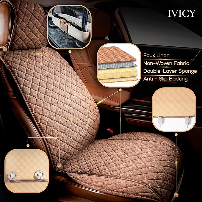 IVICY Faux Linen Front Car Seat Cover – Durable, Non-Slip Seat Protector for Cars – 1 Unit, Light Brown