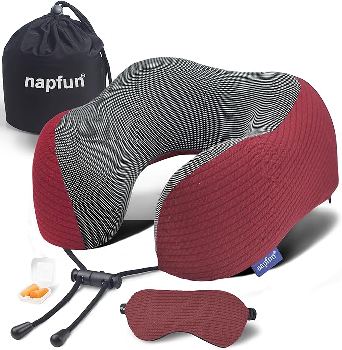 napfun Neck Pillow for Traveling, Upgraded Travel Neck Pillow for Airplane 100% Pure Memory Foam Travel Pillow for Flight Headrest Sleep, Portable Plane Accessories, Burgundy Striped Kit