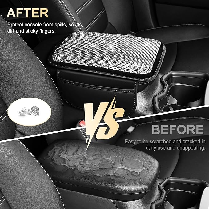 Center Console Cover Fit for Kia Sorento 2003-2025 with 2 Storage Bags Quilted - Studded Leather Car Armrest Cover Cushion Anti - Slip(Black&Quilted)