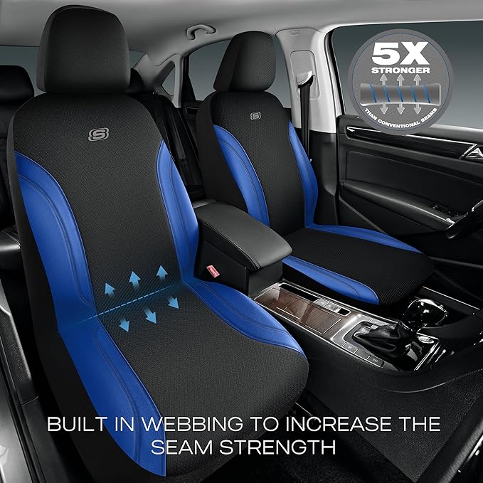 Skechers Car Seat Covers, Work Leather Seat Covers 5-Times Stronger Built-in Webbing, Oxford Fabric Seat Cover Full Sets, Airbag Compatible, Automotive Comfort for Cars, Trucks, SUVs,Blue