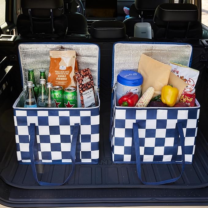 Checkered Insulated Grocery Bags 2 Pack, Checkerboard Cooler Shopping Bags for Groceries, Insulated Bags for Food Delivery