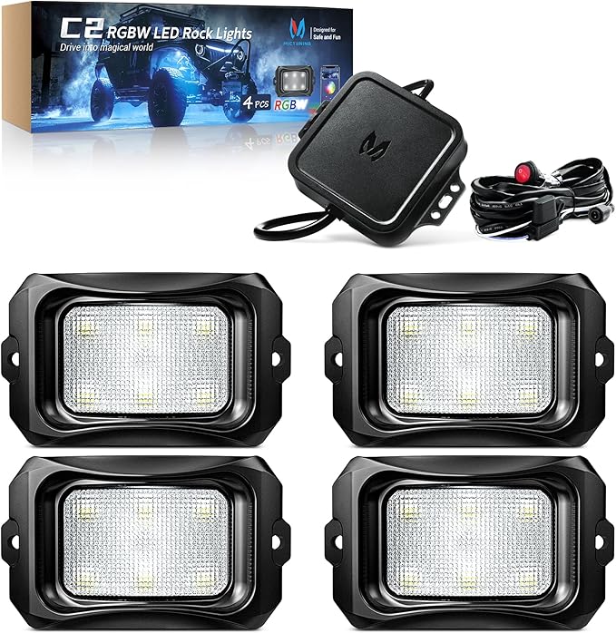 MICTUNING C2 Curved RGBW LED Rock Lights - 4 Pods Underglow Multicolor Neon Light with Wiring Switch Kit, Bluetooth Controller with APP Control
