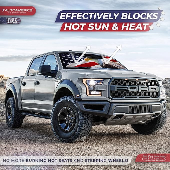Autoamerics 1-Piece Windshield Sun Shade American Eagle Flag - 2 USA Patriotic Design - Foldable Car Front Window Sunshade for Sedans SUV Truck - Blocks Max UV Rays and Keeps Your Vehicle Cool Medium