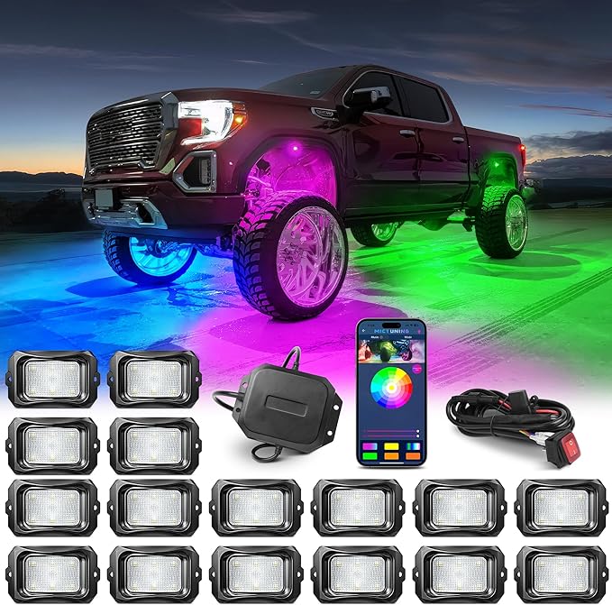 MICTUNING C2 Max RGB+IC Chasing Color Rock Lights - 16 Pods Underglow Lighting Kit, Dynamic Lighting Modes, Extensible Up to 24 Pods with Stable APP Control, IP68 Waterproof, DIY Effect