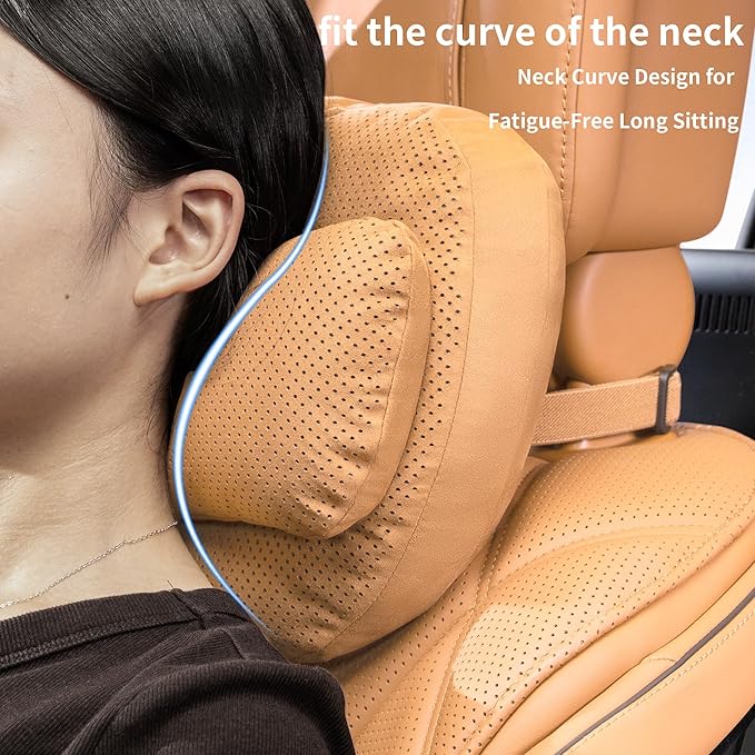 Car Neck Pillow, Premium Suede Car Neck Pillow with Adjustable Strap, Ergonomic Car Neck Support Pillow for Relieve Driving Fatigue (Palomino Brown)