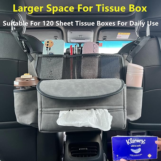 JEYODA Car Suede Seat Organizer High-capacity Seat Back Pouch Central Storage for Pickup SUVs Double-sided Tissue Storage Handbag Holder Car Accessories (Grey)