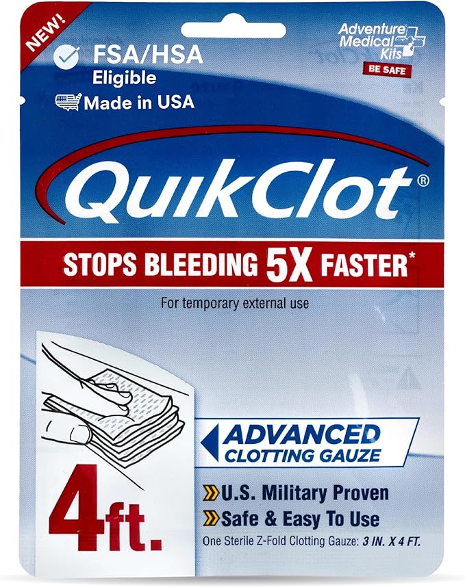 Adventure Medical Kits QuikClot Advanced Clotting Gauze - Stops Bleeding Up to 5X Faster Than Standard Gauze - Kaolin Hemostatic Dressing - for First Aid Kits & Survival Gear - 3 x 48