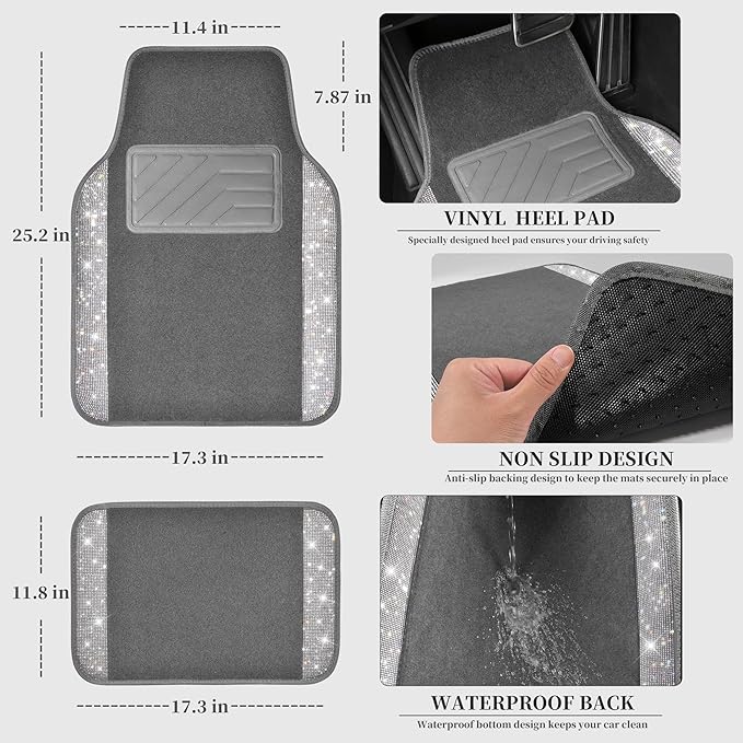 CAR PASS Bling Diamond Car Mats Shining Carpet Crystal Rhinestones Sparkly Glitter Floor Mats with Anti-Slip PVC Heel Pad Universal Fit for Automotive SUV, Sedan, Car, Van, 4pcs for Girl Women, Gray