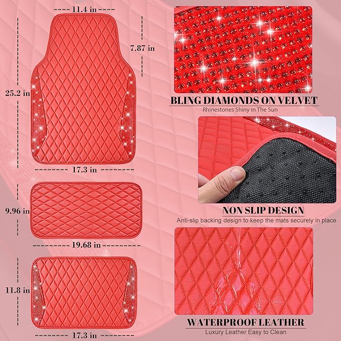 CAR PASS Bling Leather Car Mats Shining Diamond Floor Mats Crystal Rhinestones Sparkly Glitter Carpet Anti-Slip Waterproof Pad Universal Fit for Automotive SUV, Sedan, Van, 5pcs for Girl Women Red