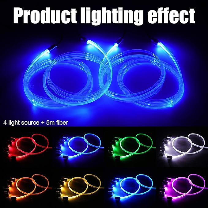 Car Atmosphere Light Kit 5m Fiber Optic RGB Multicolor Sound Active Music Sync Memory Function RF Remote Controller + Bluetooth APP Control 64 Colors USB Car Interior Ambient Lighting Kit 12V