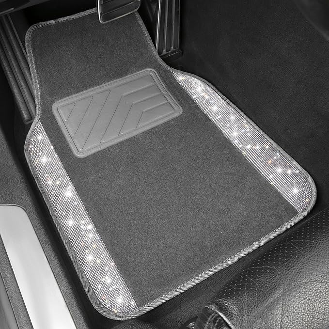 CAR PASS Bling Diamond Car Mats Shining Carpet Crystal Rhinestones Sparkly Glitter Floor Mats with Anti-Slip PVC Heel Pad Universal Fit for Automotive SUV, Sedan, Car, Van, 4pcs for Girl Women, Gray