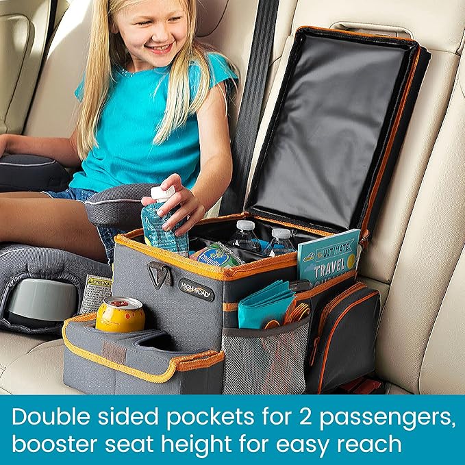 High Road CarHop Car Seat Organizer for Kids and Adults with Cup Holder Tray, Side Pockets and Cooler Compartment (Medium, Gray)