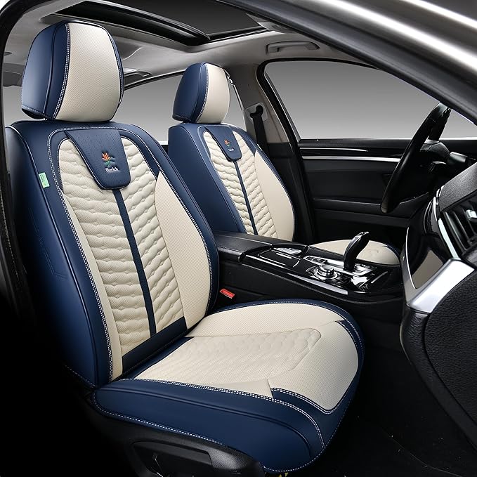 FLORICH Front Seat Covers, Leather Seat Covers, Universal Car Seat Covers 2PCS, Waterproof Car Seat Protector, Driver Seat Cover Accessories for Trucks SUV Sedans-Blue&White