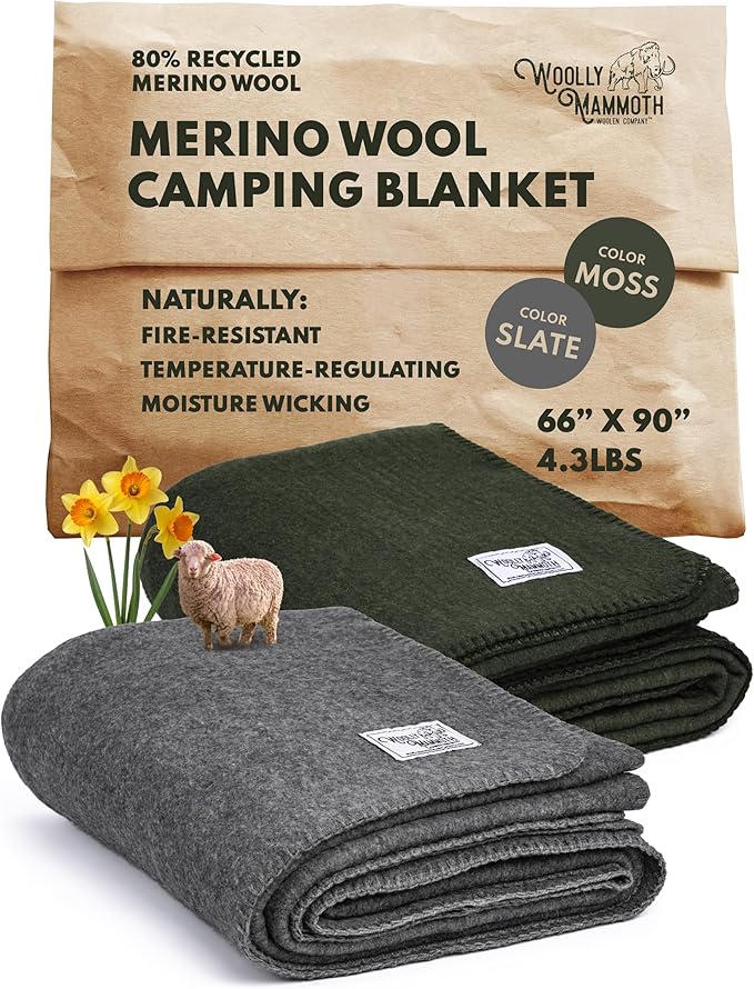 Woolly Mammoth 80% Merino Wool Camp Blankets (2-Pack) - Soft, Naturally Fire-Resistant and Temperature-Regulating - for Winter Camping, Bushcraft and Emergency Car Kits (66" x 90", Slate & Moss)