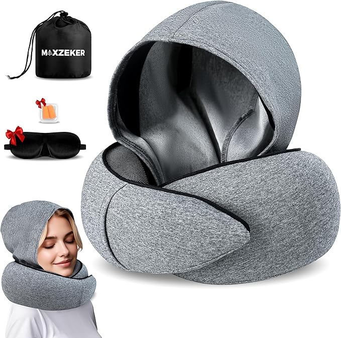 Travel Neck Pillows for Airplanes – Sleep Comfortably on Long Flights, Roadtrips, Home or Office. All-in-One Travel Sleep Kit with Hood, Eyemask and Earplugs