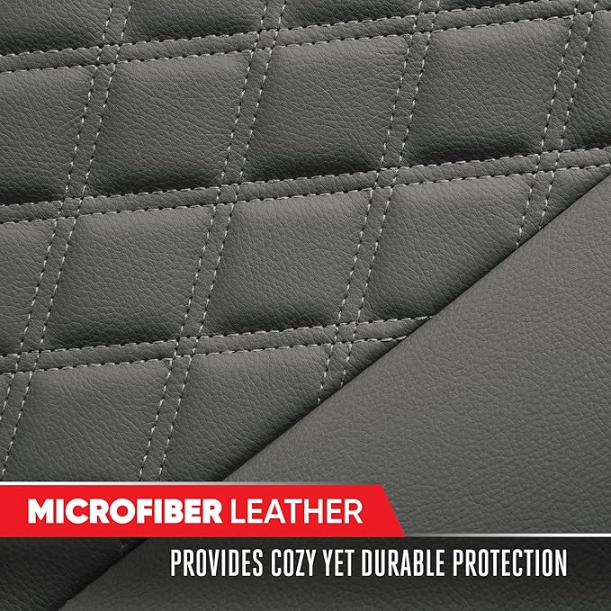 Motor Trend Rear Seat Cushion - Gray Diamond Stitched Faux Leather Rear Seat Cover for Cars, Trucks, SUVs - Padded, Waterproof, Non-Slip Back Seat Cover with Storage Pockets