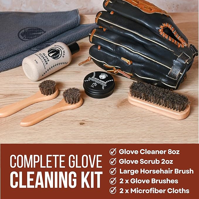 Rhino Wax - Baseball Gloves Complete Cleaning Kit - Glove Scrub for Deep Dirt Removal + Base Ball Mitt Cleaner for Gentle Routine Maintenance - Includes 2 Brushes + Microfiber Cloths - Made in the USA