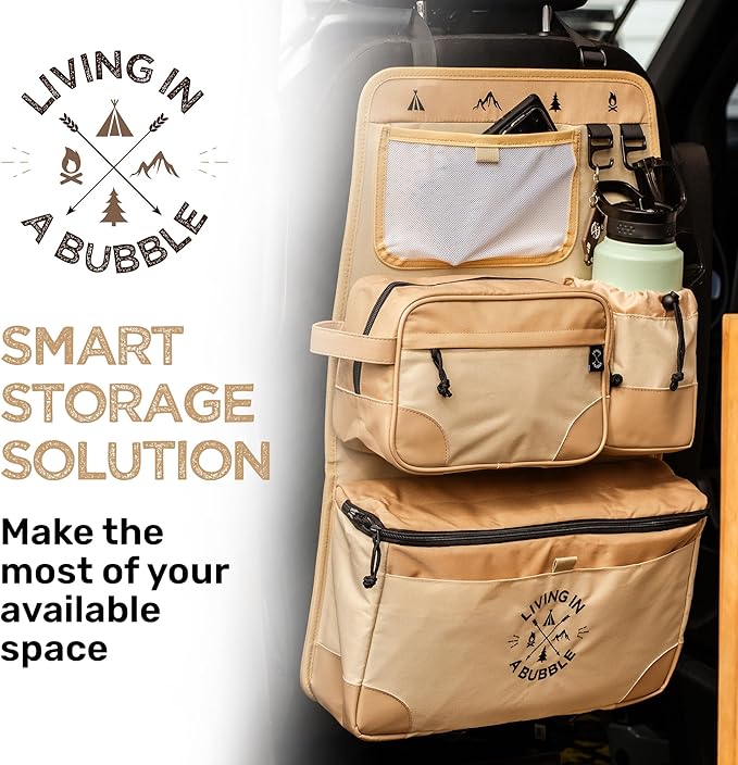 Living in a Bubble Seat back Organizer – Magnetic Toiletry and Cooler Pouch, Cordura Car Backseat Storage with Device Holder & Hooks, Multi-Compartment Utility Bag for Campervans & Family Travel