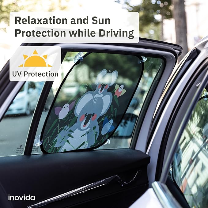 Car Sun Shades for Kids – 2-Pack Baby Window Shades with UV Protection – Cute Animal Design with Suction Cups – 17"x14" Sun Protection for Car Windows – by Inovida