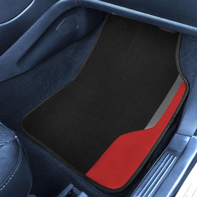 FH Group Color-Block Carpet Car Floor Mats – Non-Slip, Faux Leather Accents, Universal Fit for Sedan, SUV & Truck – Full Set Red