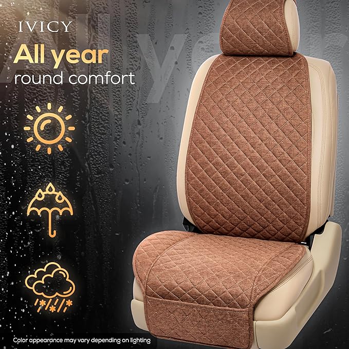 IVICY Faux Linen Front Car Seat Cover – Durable, Non-Slip Seat Protector for Cars – 1 Unit, Light Brown