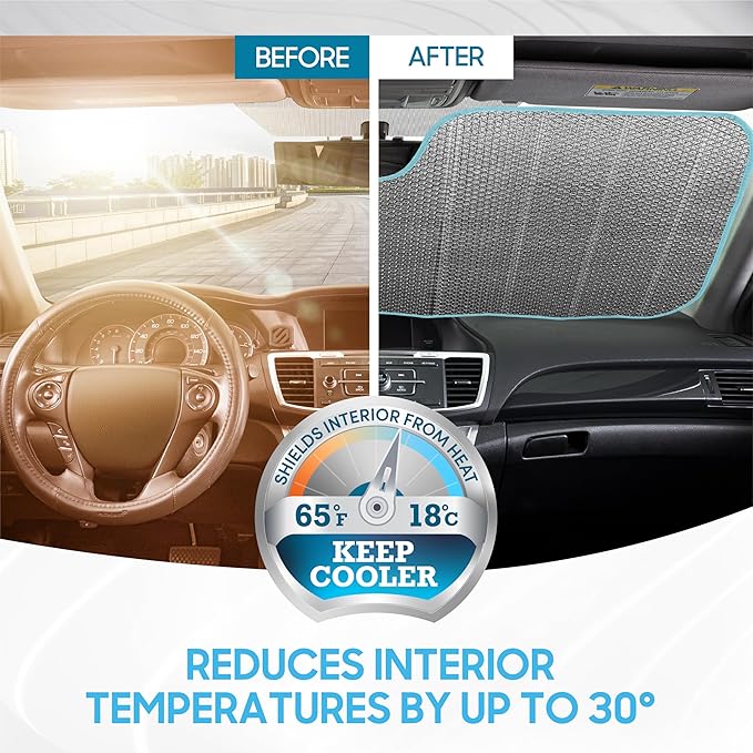 2 Dogs Driving Front Windshield Sun Shade - Accordion Folding Auto Sunshade for Car Truck SUV - Blocks UV Rays Sun Visor Protector - Keeps Your Vehicle Cool - 58 x 28 Inch