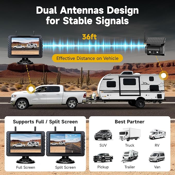 Magnetic Solar Wireless Backup Camera for Truck RV Car Trailer Pickup: HD 1080P No Wiring No Drilling IR Night Vision IP69K Waterproof Rechargeable Portable Backup Camera with 5" IPS 2-Split Monitor