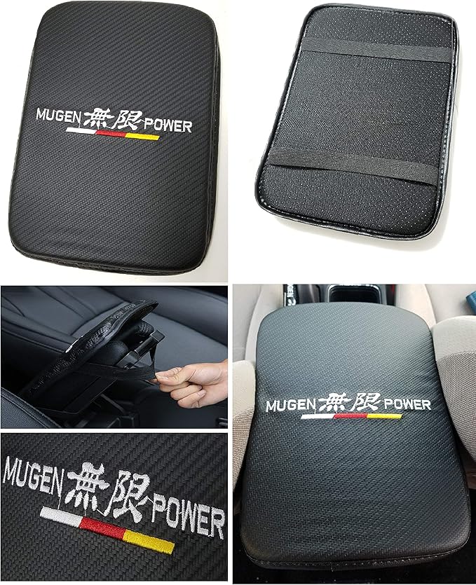 MUGEN Carbon Fiber Car Center Console Black Armrest Cushion Pad Cover Stitches