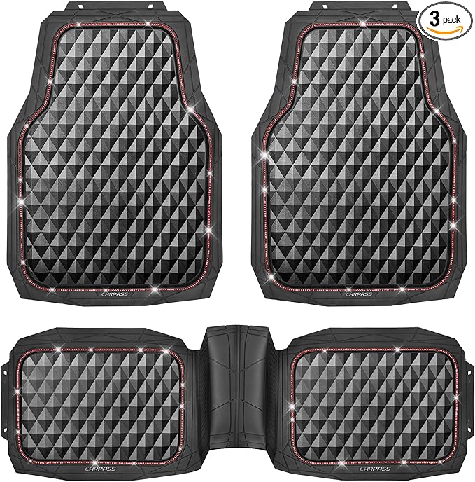 CAR PASS Bling Diamond Rubber Car Mats, Heavy Duty Deep Dish All-Weather Floor Mat Full Set Anti-Slip 3D Rhombus Waterproof Trim to Fit Liner Universal Glitter Sparkly Shining Rhinestone, 3 Pcs Red
