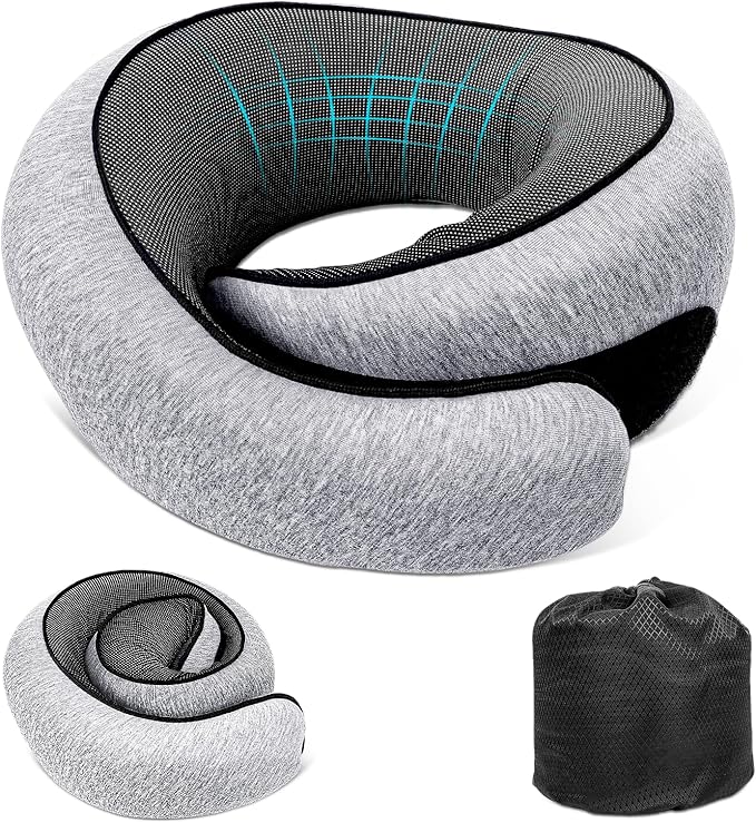 Travel Neck Pillow for Airplanes, Memory Foam with Chin Support, Ergonomic 360 Degree Cervical Support for Plane/Car/Train/Office (Light Grey)