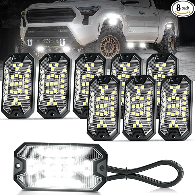 8 Pods Pure White Rock Lights, 6000K Pure White 27 LEDs Super Bright LED Underglow Neon Light, 10m Extension Wire, IP68 Waterproof for Trucks Pickup SUV UTV ATV RZR Car Boats