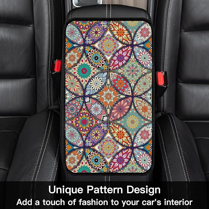 Geometric Mandala Universal Armrest Cover Pad, Car Center Console Cushion Pad, Protect from Pet Claws, Dirt, and Sticky Fingers, Comfortable Car Decor Accessories Fit for Most Cars, Vehicles, SUVs