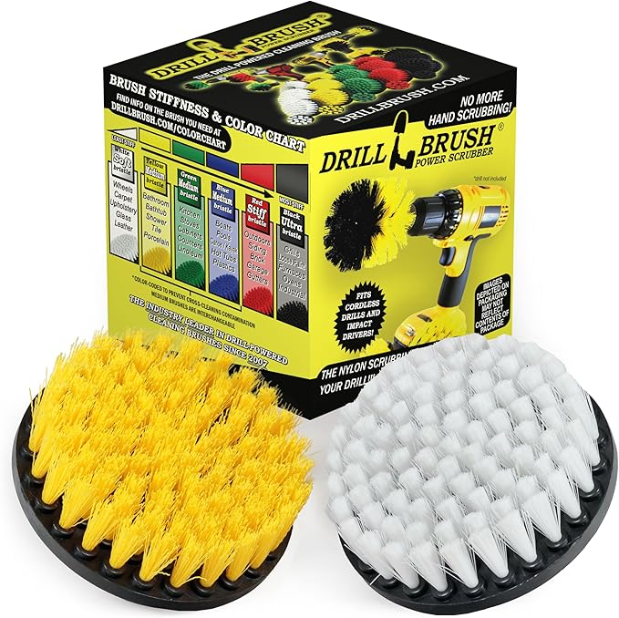 Drill Brush - 5-inch Spin Brush Cleaning Kit - Calcium, Mineral Deposits, Soap Scum, Rust - Hard Water Stain Remover - Grout Cleaner - Shower Curtain - Bath Mat - Bathroom Accessories - Shower Door