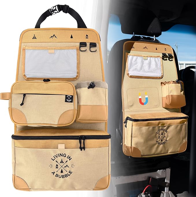Living in a Bubble Seat back Organizer – Magnetic Toiletry and Cooler Pouch, Cordura Car Backseat Storage with Device Holder & Hooks, Multi-Compartment Utility Bag for Campervans & Family Travel