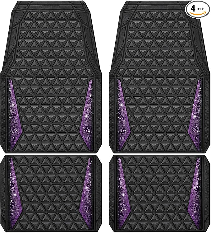 CAR PASS Bling Rubber Car Mats Diamond Floor Mats Full Set Anti-Slip 3D Rhombus Waterproof Universal Trim to Fit Liner Glitter Crystal Sparkly Shining Rhinestone Girl Women SUV Sedan Van, Black Purple